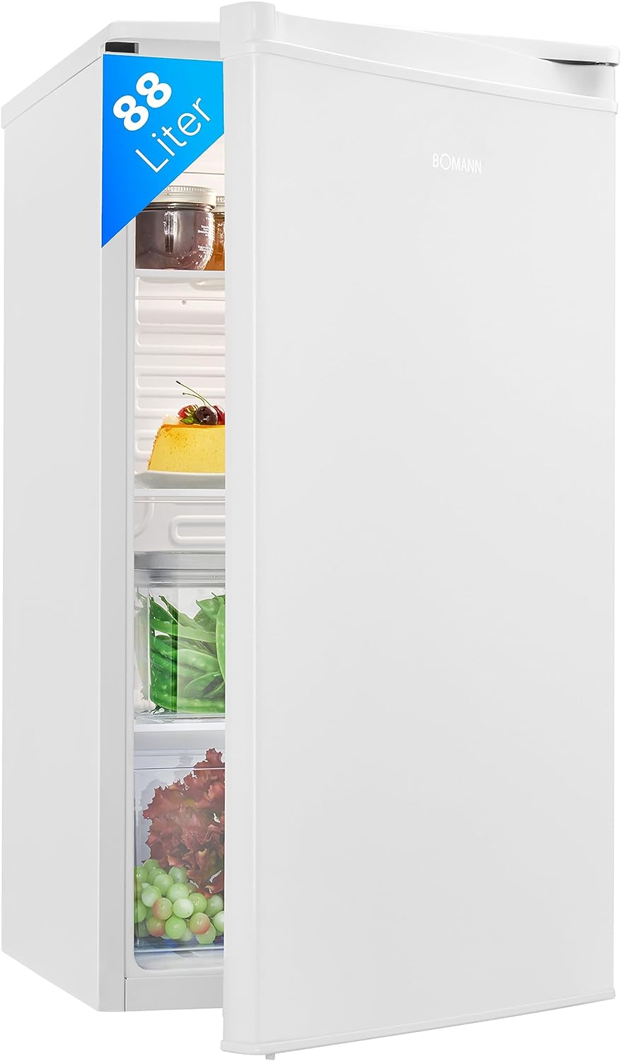 Bomann® Frigorifero senza congelatore, capacità 88 l e 3 ripiani in vetro, frigorifero piccolo con scomparto per verdure, silenzioso, fermata della porta sostituibile, frigorifero autoportante con